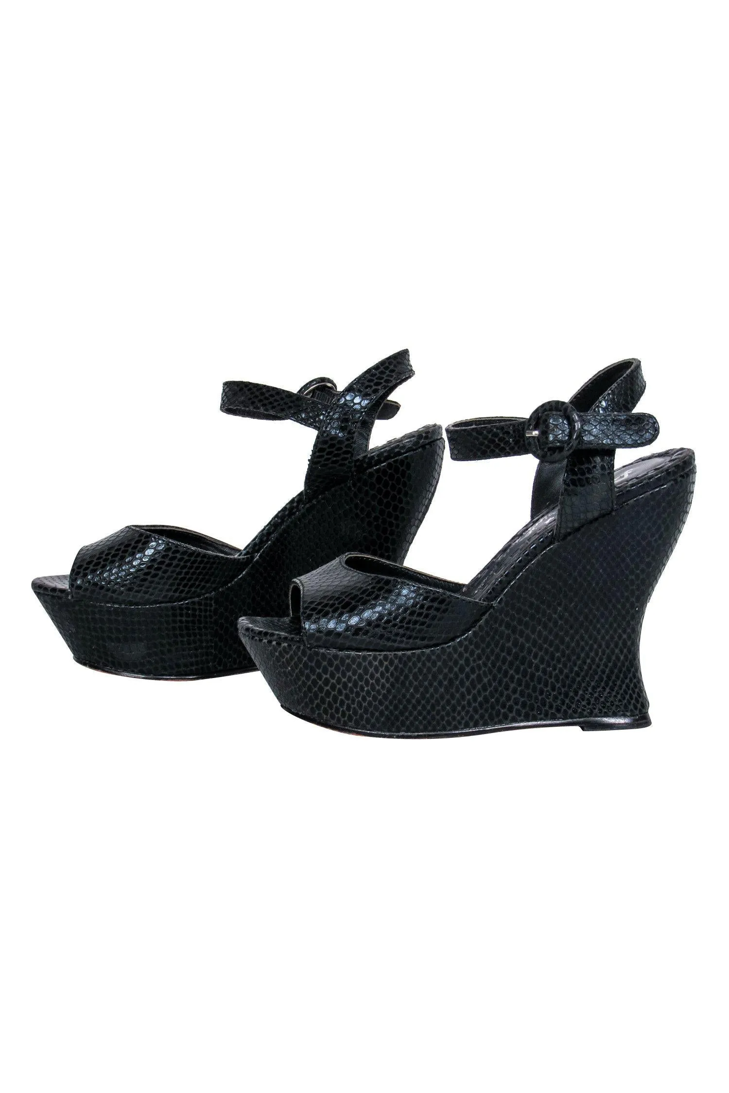 Alice & Olivia - Black Snakeskin Embossed Peep Toe Wedges Sz 6.5
