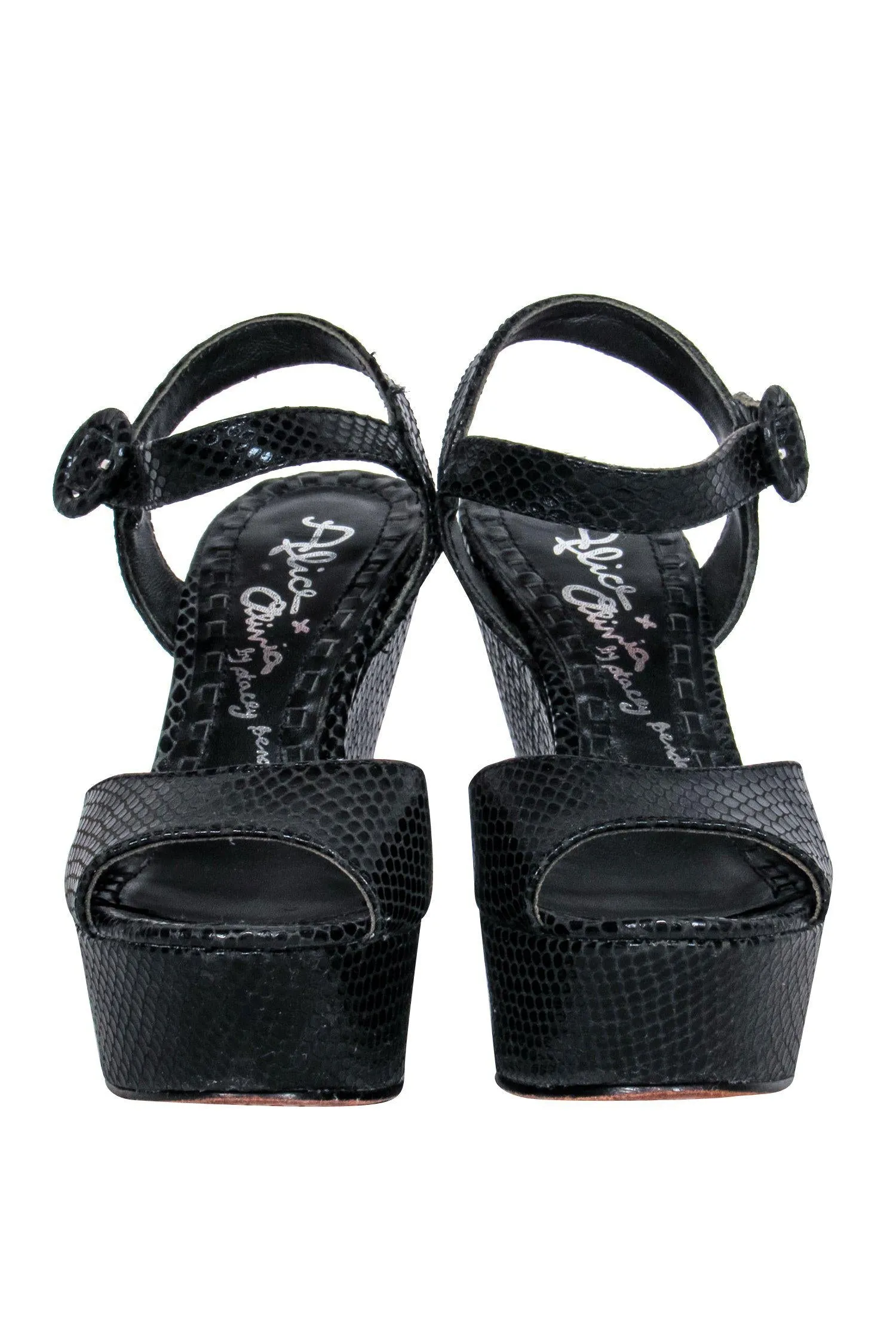 Alice & Olivia - Black Snakeskin Embossed Peep Toe Wedges Sz 6.5