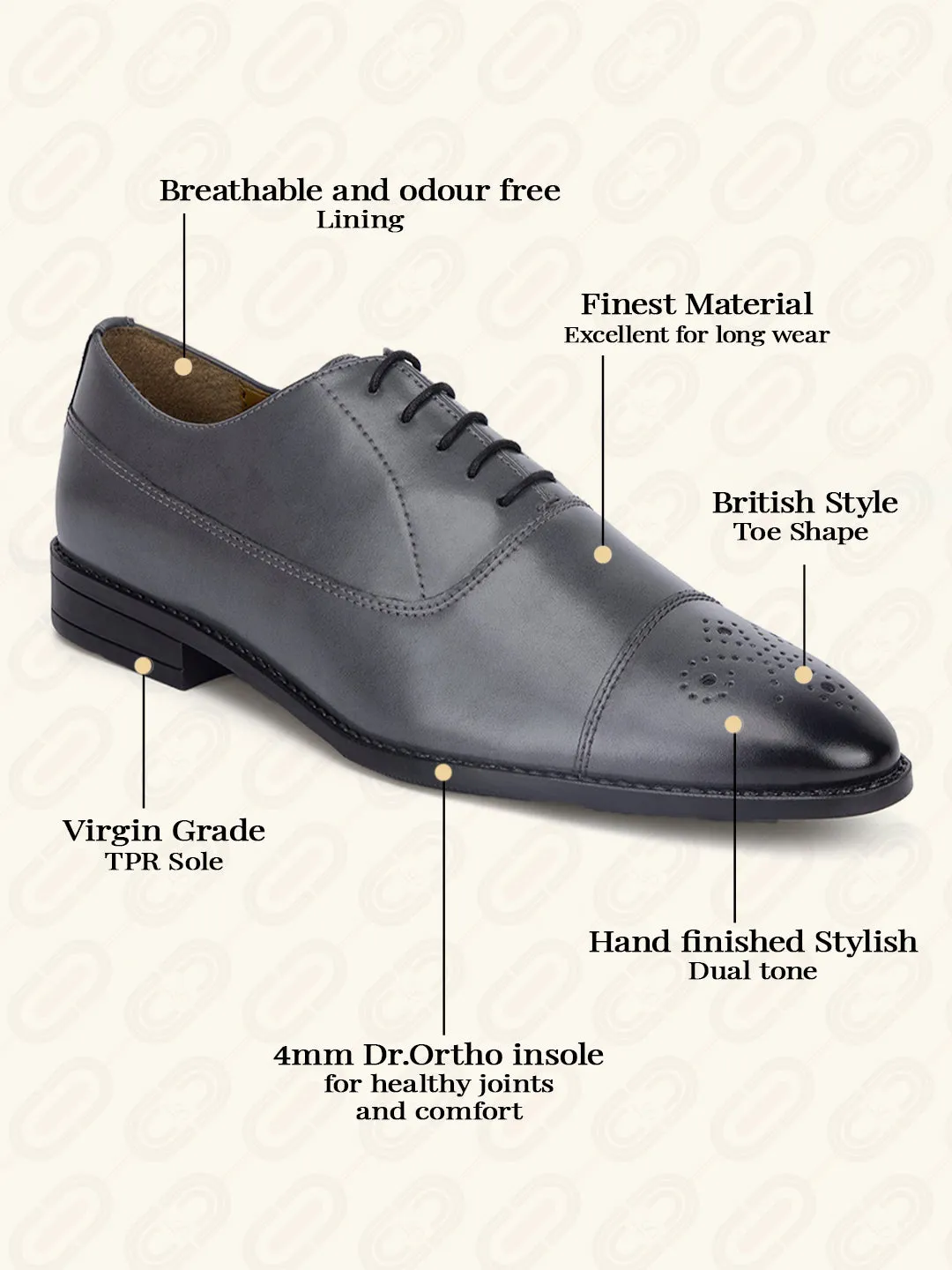 Ash Grey Captoe Style Comfortable Laceups for Men