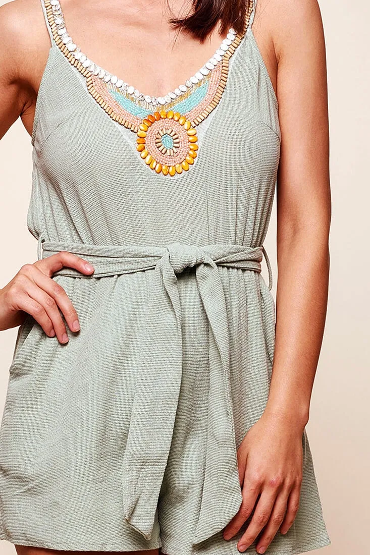 Aztec Beaded Tie Waist Romper Pistachio
