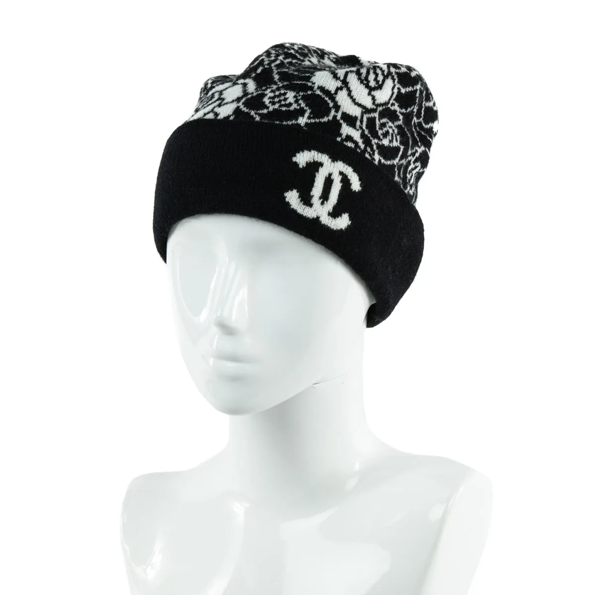 Chanel Black & White Cashmere Camellia Beanie