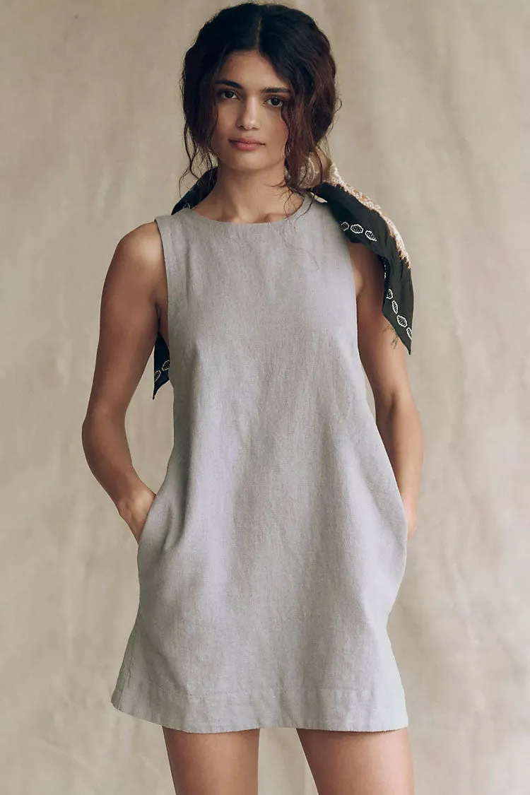 Chic Round Neck Open Back Pocket Trim Summer Linen Mini Sundress
