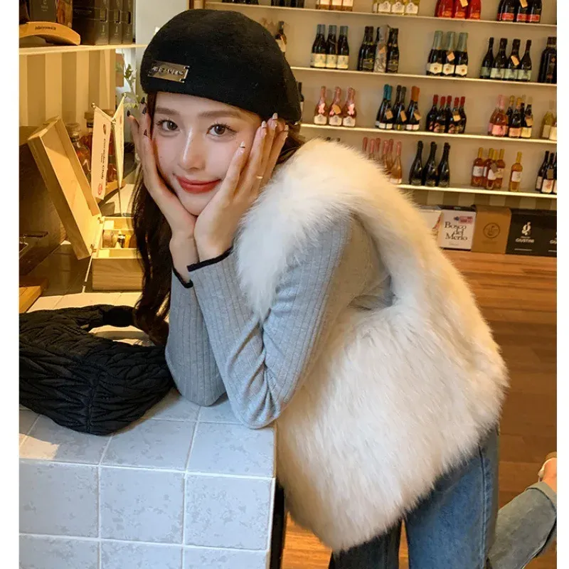 cold weather outfits Joskaa 2024 Autumn/Winter New Women's Cropped Slimming Faux Fox Fur Vest Jacket Korean Style Leather Coat For Ladies Fashion