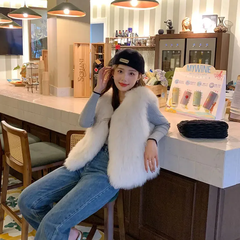 cold weather outfits Joskaa 2024 Autumn/Winter New Women's Cropped Slimming Faux Fox Fur Vest Jacket Korean Style Leather Coat For Ladies Fashion