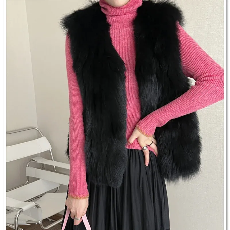 cold weather outfits Joskaa 2024 Autumn/Winter New Women's Cropped Slimming Faux Fox Fur Vest Jacket Korean Style Leather Coat For Ladies Fashion