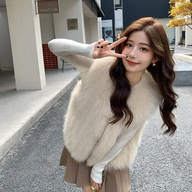 cold weather outfits Joskaa 2024 Autumn/Winter New Women's Cropped Slimming Faux Fox Fur Vest Jacket Korean Style Leather Coat For Ladies Fashion