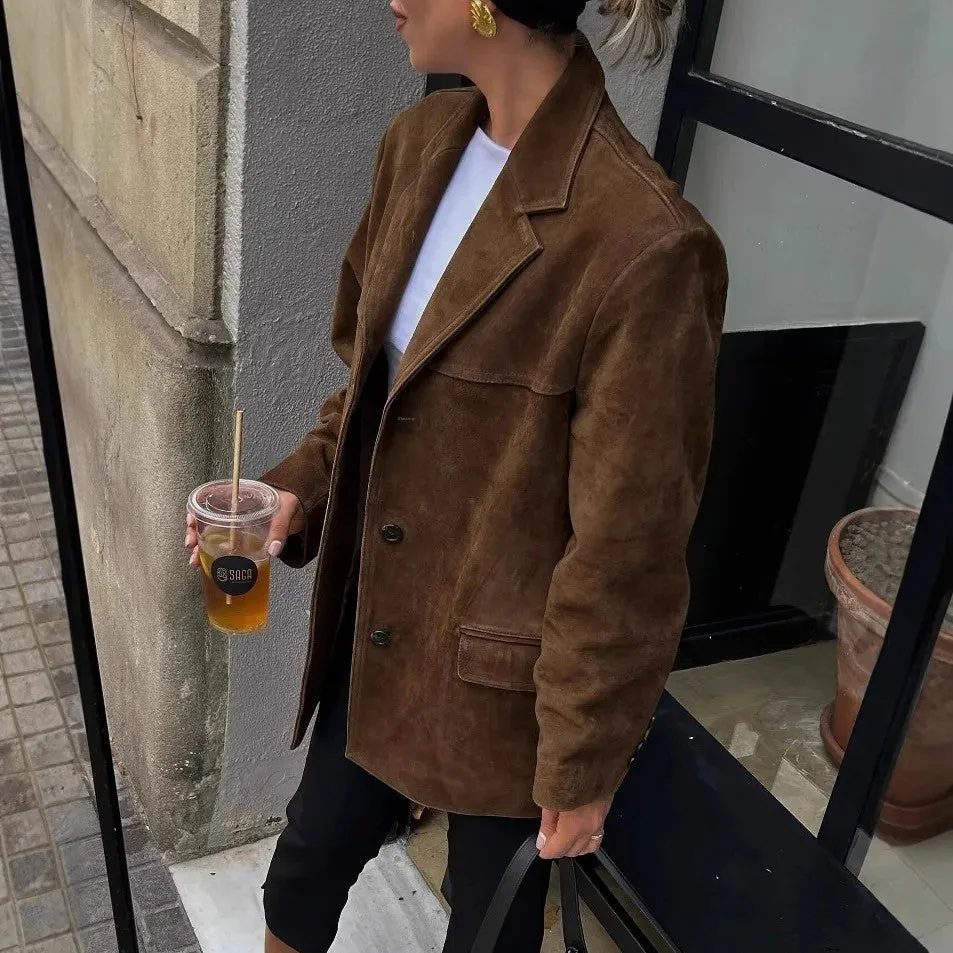 cold weather outfits Joskaa Amazon Best-Selling Chamois Leather Single-Breasted Suit Jacket Trendy European Style Autumn/Winter Collection Western-Style Clo