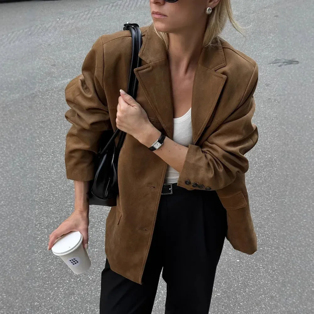 cold weather outfits Joskaa Amazon Best-Selling Chamois Leather Single-Breasted Suit Jacket Trendy European Style Autumn/Winter Collection Western-Style Clo