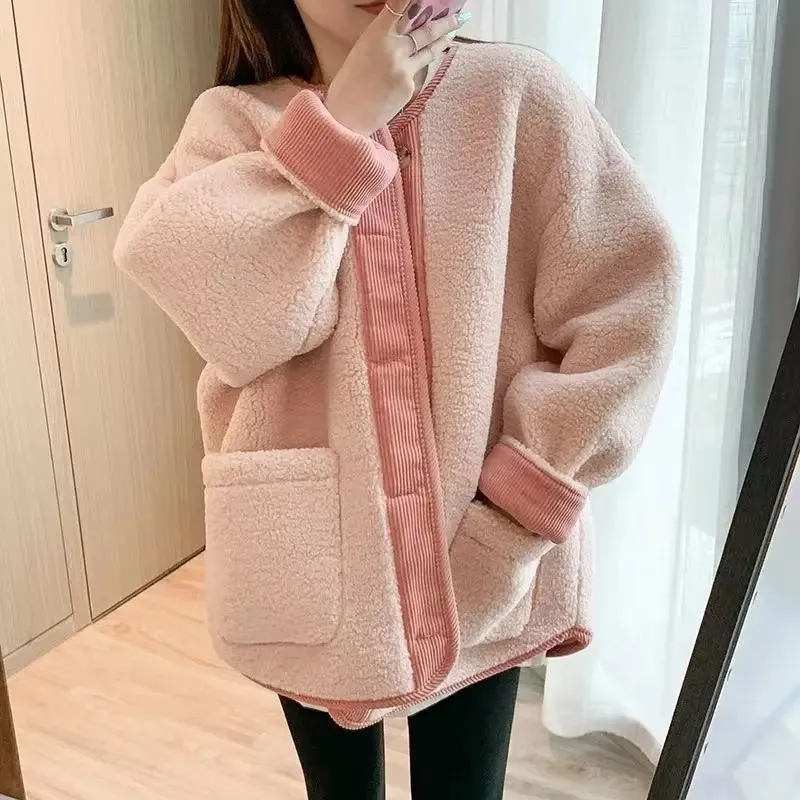 cold weather outfits Joskaa Autumn/Winter Lamb Wool Corduroy Korean-Style Round Neck Long Sleeve Loose-Fit Leather Integrated Jacket For Women Fashionable J