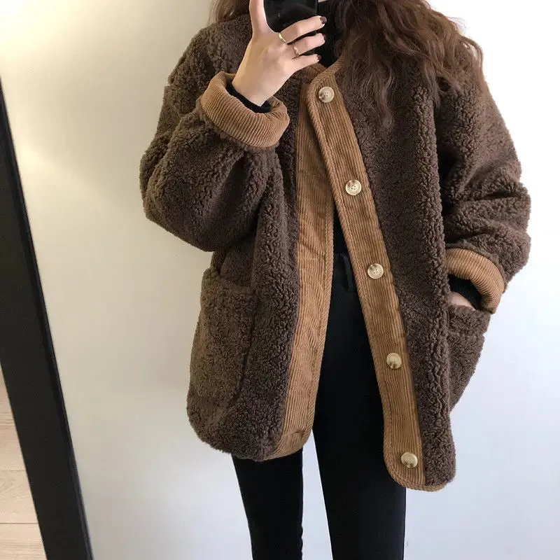 cold weather outfits Joskaa Autumn/Winter Lamb Wool Corduroy Korean-Style Round Neck Long Sleeve Loose-Fit Leather Integrated Jacket For Women Fashionable J