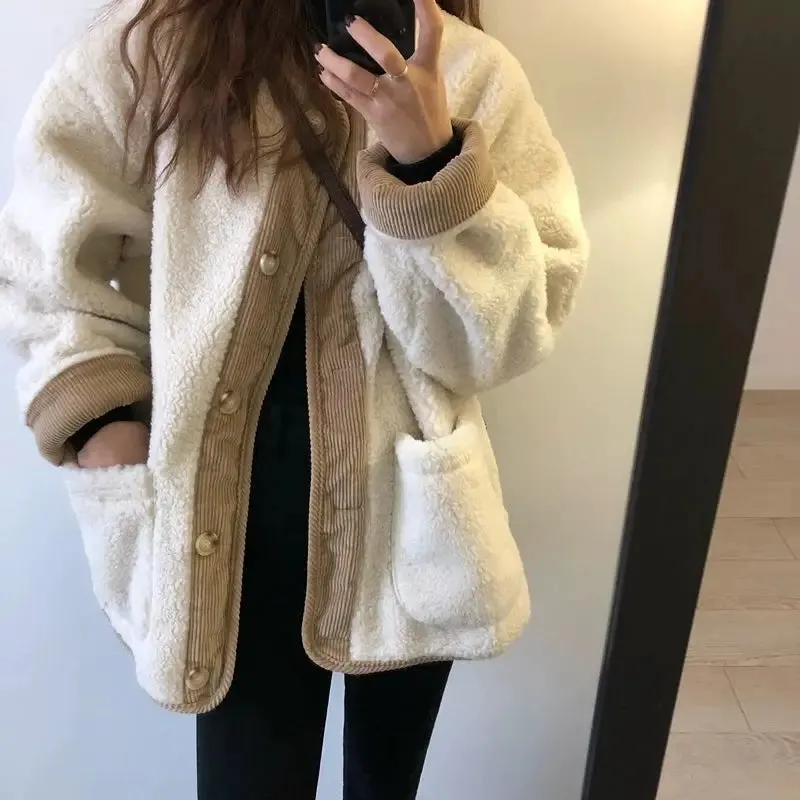 cold weather outfits Joskaa Autumn/Winter Lamb Wool Corduroy Korean-Style Round Neck Long Sleeve Loose-Fit Leather Integrated Jacket For Women Fashionable J