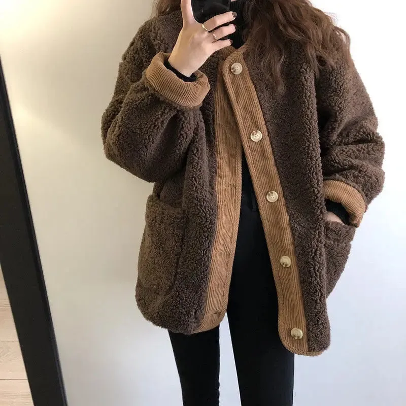 cold weather outfits Joskaa Autumn/Winter Lamb Wool Corduroy Korean-Style Round Neck Long Sleeve Loose-Fit Leather Integrated Jacket For Women Fashionable J
