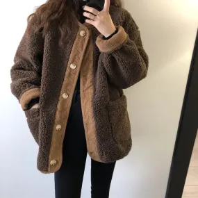 cold weather outfits Joskaa Autumn/Winter Lamb Wool Corduroy Korean-Style Round Neck Long Sleeve Loose-Fit Leather Integrated Jacket For Women Fashionable J