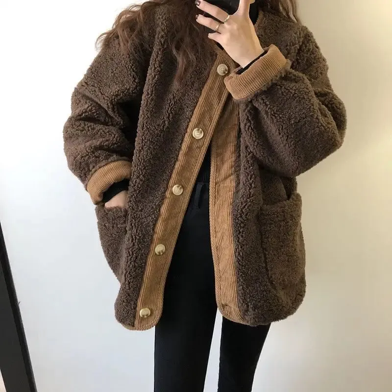 cold weather outfits Joskaa Autumn/Winter Lamb Wool Corduroy Korean-Style Round Neck Long Sleeve Loose-Fit Leather Integrated Jacket For Women Fashionable J