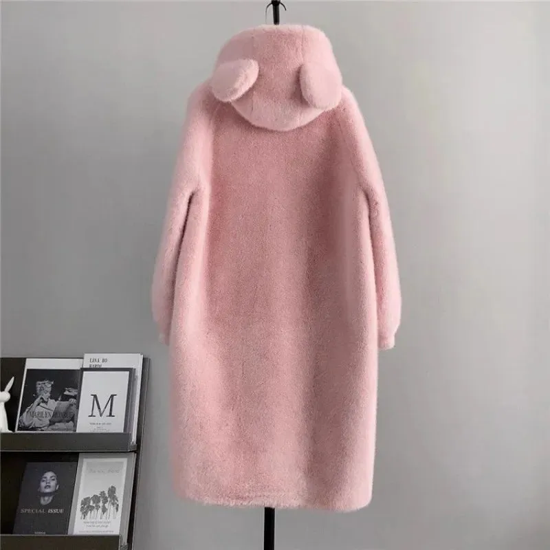 cold weather outfits Joskaa Autumn/Winter New Arrival Haining Leather Long Jacket Environmentally Friendly Mink Overcoat Women's Clothing Hooded Cute Earfla