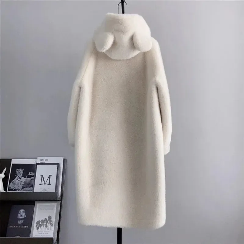 cold weather outfits Joskaa Autumn/Winter New Arrival Haining Leather Long Jacket Environmentally Friendly Mink Overcoat Women's Clothing Hooded Cute Earfla