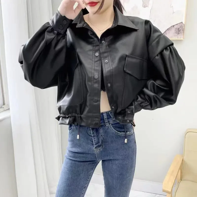 cold weather outfits Joskaa CasualPU Leather Women's Loose-Fit Vintage HongKong Style Thickened Ruffle Edge Jacket Winter 2024 New Arrival