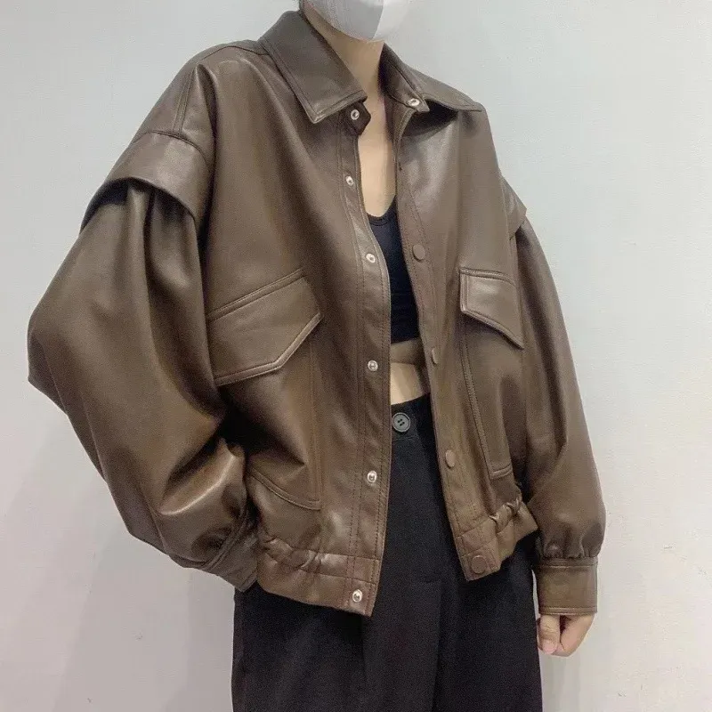 cold weather outfits Joskaa CasualPU Leather Women's Loose-Fit Vintage HongKong Style Thickened Ruffle Edge Jacket Winter 2024 New Arrival