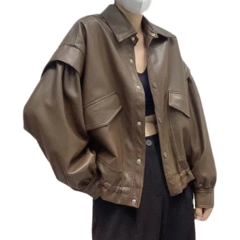 cold weather outfits Joskaa CasualPU Leather Women's Loose-Fit Vintage HongKong Style Thickened Ruffle Edge Jacket Winter 2024 New Arrival