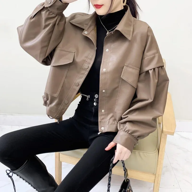 cold weather outfits Joskaa CasualPU Leather Women's Loose-Fit Vintage HongKong Style Thickened Ruffle Edge Jacket Winter 2024 New Arrival