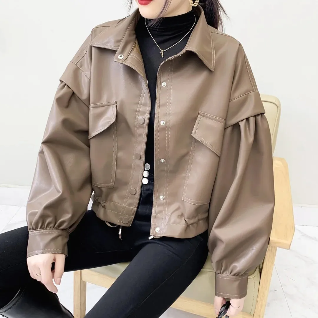 cold weather outfits Joskaa CasualPU Leather Women's Loose-Fit Vintage HongKong Style Thickened Ruffle Edge Jacket Winter 2024 New Arrival