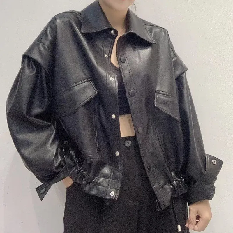 cold weather outfits Joskaa CasualPU Leather Women's Loose-Fit Vintage HongKong Style Thickened Ruffle Edge Jacket Winter 2024 New Arrival