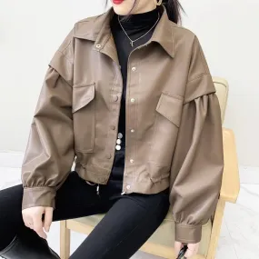 cold weather outfits Joskaa CasualPU Leather Women's Loose-Fit Vintage HongKong Style Thickened Ruffle Edge Jacket Winter 2024 New Arrival