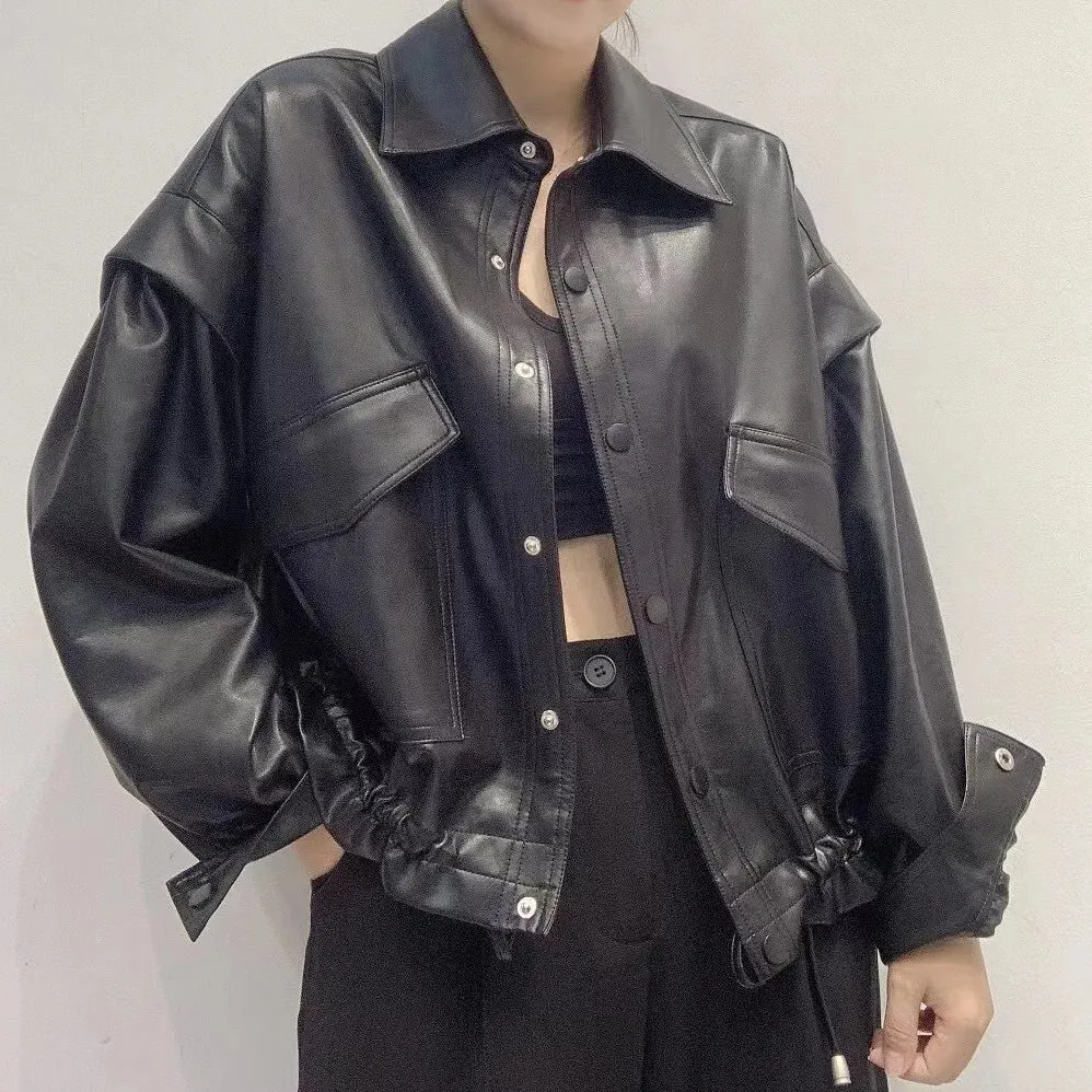 cold weather outfits Joskaa CasualPU Leather Women's Loose-Fit Vintage HongKong Style Thickened Ruffle Edge Jacket Winter 2024 New Arrival