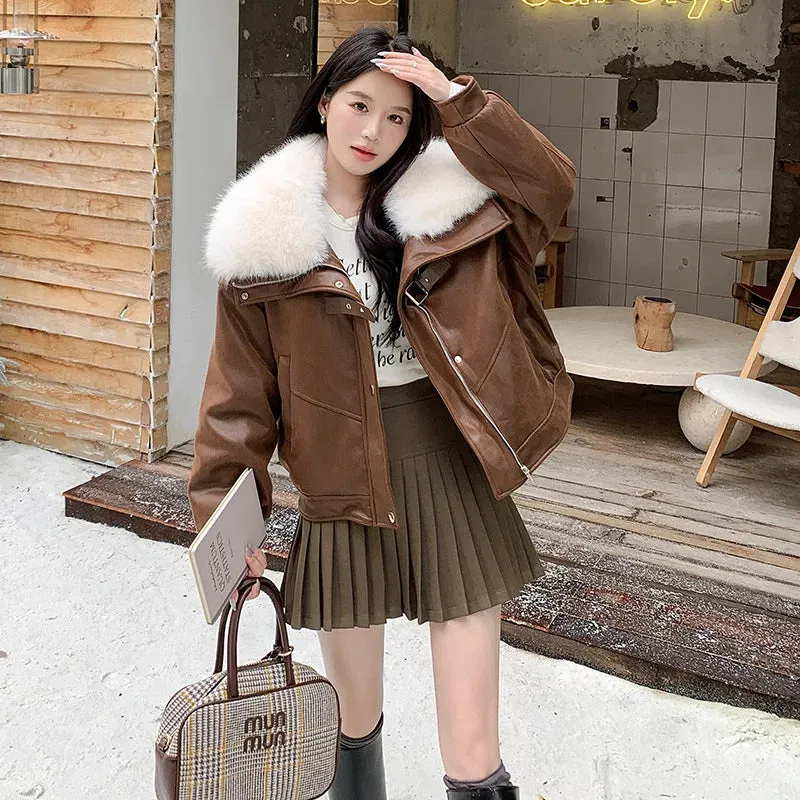 cold weather outfits Joskaa Chamois Leather Motorcycle Jacket Women's Cropped 2024 Winter New Style Cool Thickened Down Inner Lining Loose Fit Short Outerwe