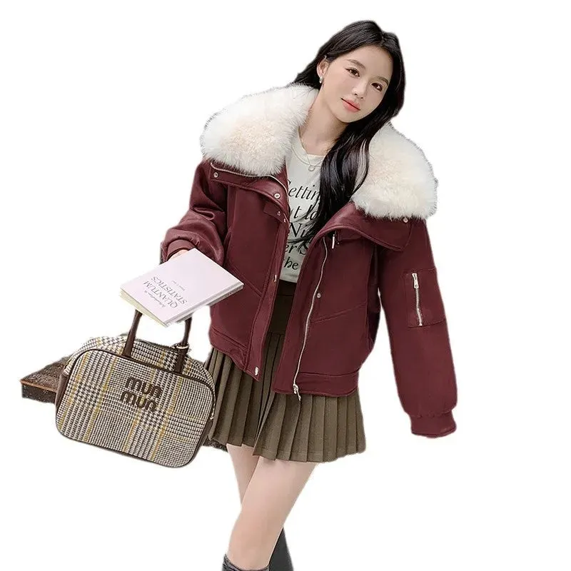cold weather outfits Joskaa Chamois Leather Motorcycle Jacket Women's Cropped 2024 Winter New Style Cool Thickened Down Inner Lining Loose Fit Short Outerwe