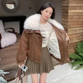 cold weather outfits Joskaa Chamois Leather Motorcycle Jacket Women's Cropped 2024 Winter New Style Cool Thickened Down Inner Lining Loose Fit Short Outerwe