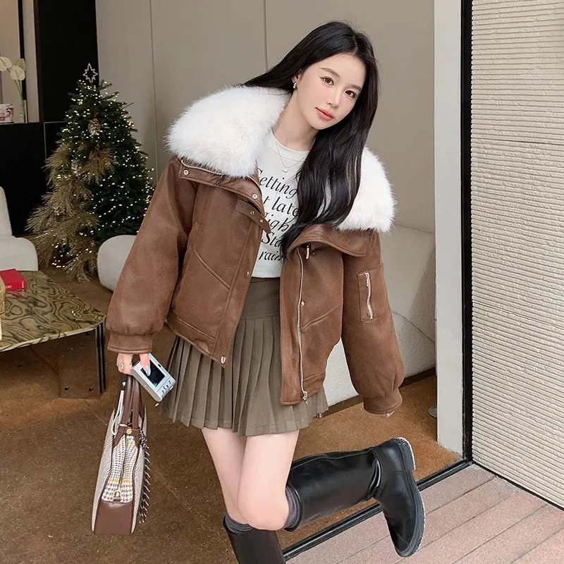 cold weather outfits Joskaa Chamois Leather Motorcycle Jacket Women's Cropped 2024 Winter New Style Cool Thickened Down Inner Lining Loose Fit Short Outerwe