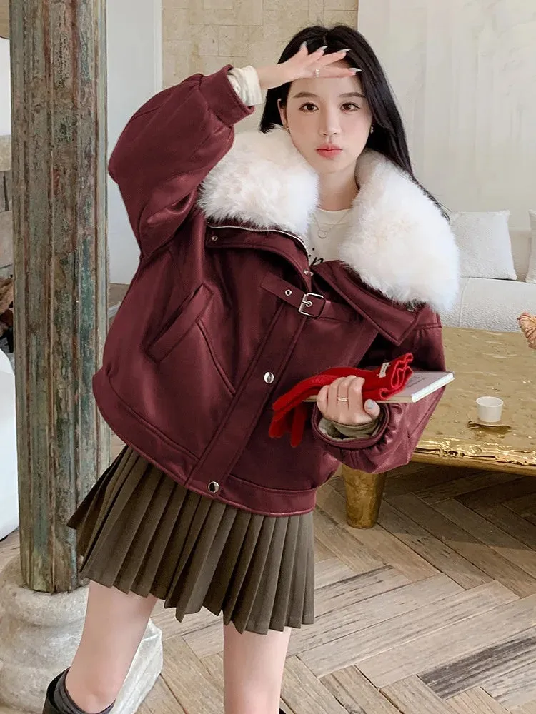 cold weather outfits Joskaa Chamois Leather Motorcycle Jacket Women's Cropped 2024 Winter New Style Cool Thickened Down Inner Lining Loose Fit Short Outerwe