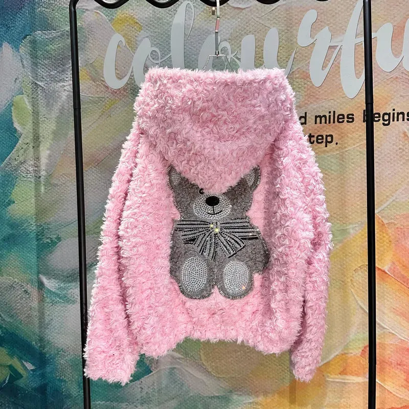 cold weather outfits Joskaa Trendy Brand Cute Pink Rhinestone Bear Jacket With Hoodie Autumn/Winter High Definition Genuine Leather Coat Handmade Embroidery