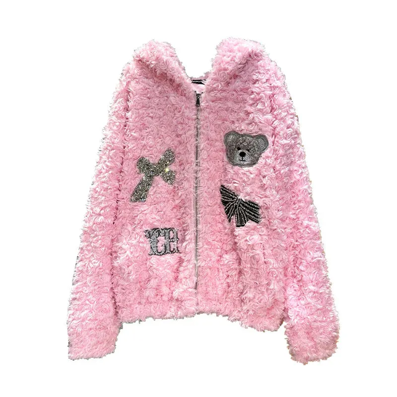 cold weather outfits Joskaa Trendy Brand Cute Pink Rhinestone Bear Jacket With Hoodie Autumn/Winter High Definition Genuine Leather Coat Handmade Embroidery