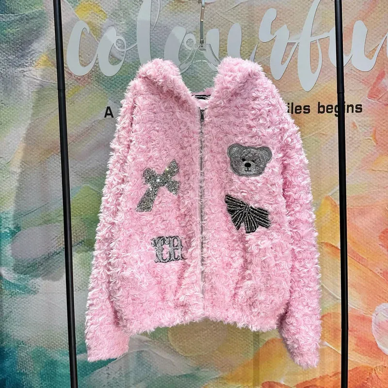 cold weather outfits Joskaa Trendy Brand Cute Pink Rhinestone Bear Jacket With Hoodie Autumn/Winter High Definition Genuine Leather Coat Handmade Embroidery