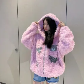 cold weather outfits Joskaa Trendy Brand Cute Pink Rhinestone Bear Jacket With Hoodie Autumn/Winter High Definition Genuine Leather Coat Handmade Embroidery