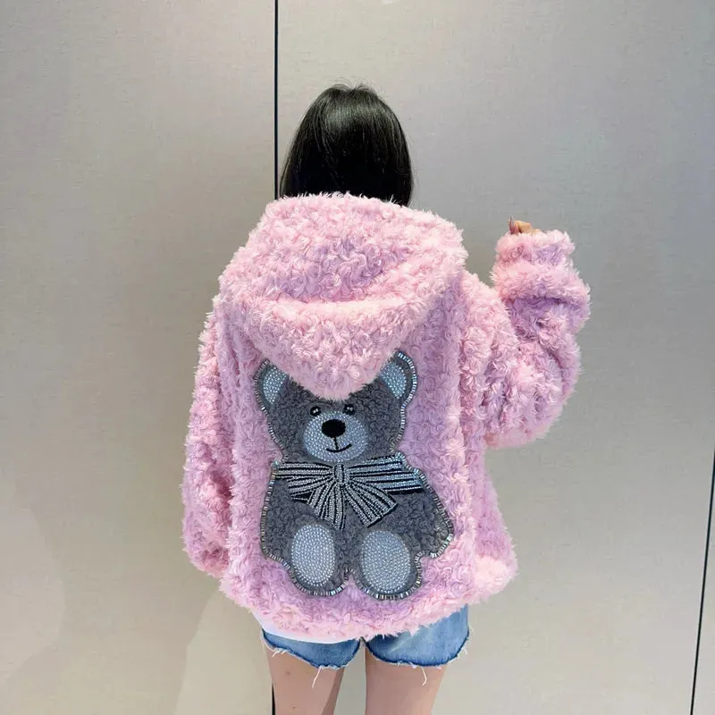 cold weather outfits Joskaa Trendy Brand Cute Pink Rhinestone Bear Jacket With Hoodie Autumn/Winter High Definition Genuine Leather Coat Handmade Embroidery