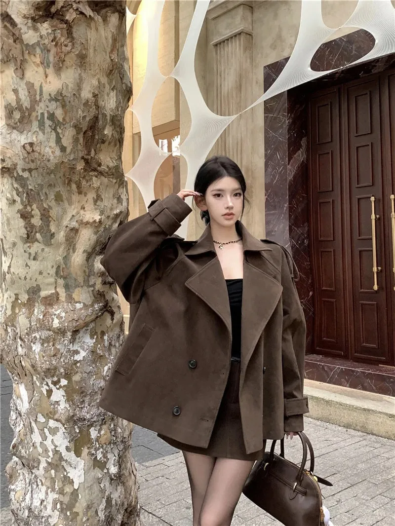 cold weather outfits Joskaa Vintage Brown Chamois Leather Windbreaker Jacket Women's Autumn/Winter 2024 New Elegant Idle Style Loose-Fit Top Korean Style