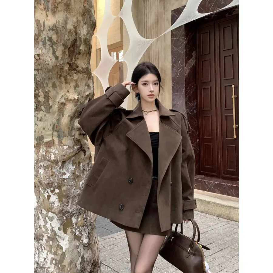 cold weather outfits Joskaa Vintage Brown Chamois Leather Windbreaker Jacket Women's Autumn/Winter 2024 New Elegant Idle Style Loose-Fit Top Korean Style