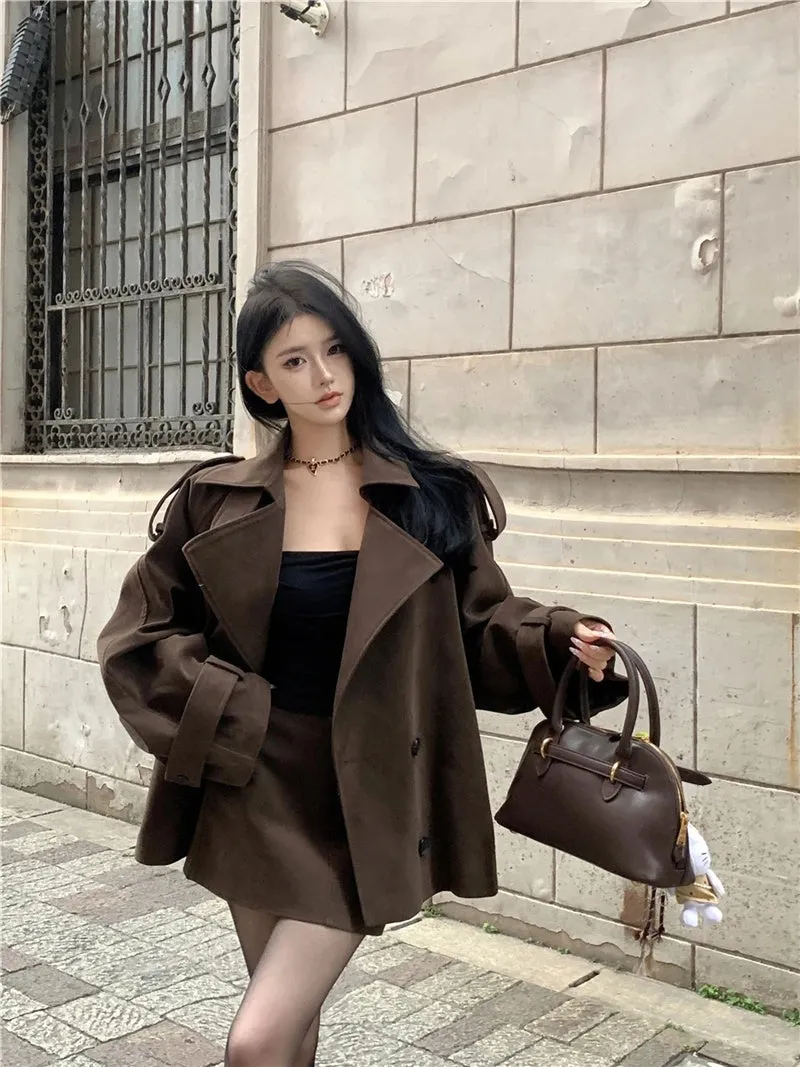 cold weather outfits Joskaa Vintage Brown Chamois Leather Windbreaker Jacket Women's Autumn/Winter 2024 New Elegant Idle Style Loose-Fit Top Korean Style