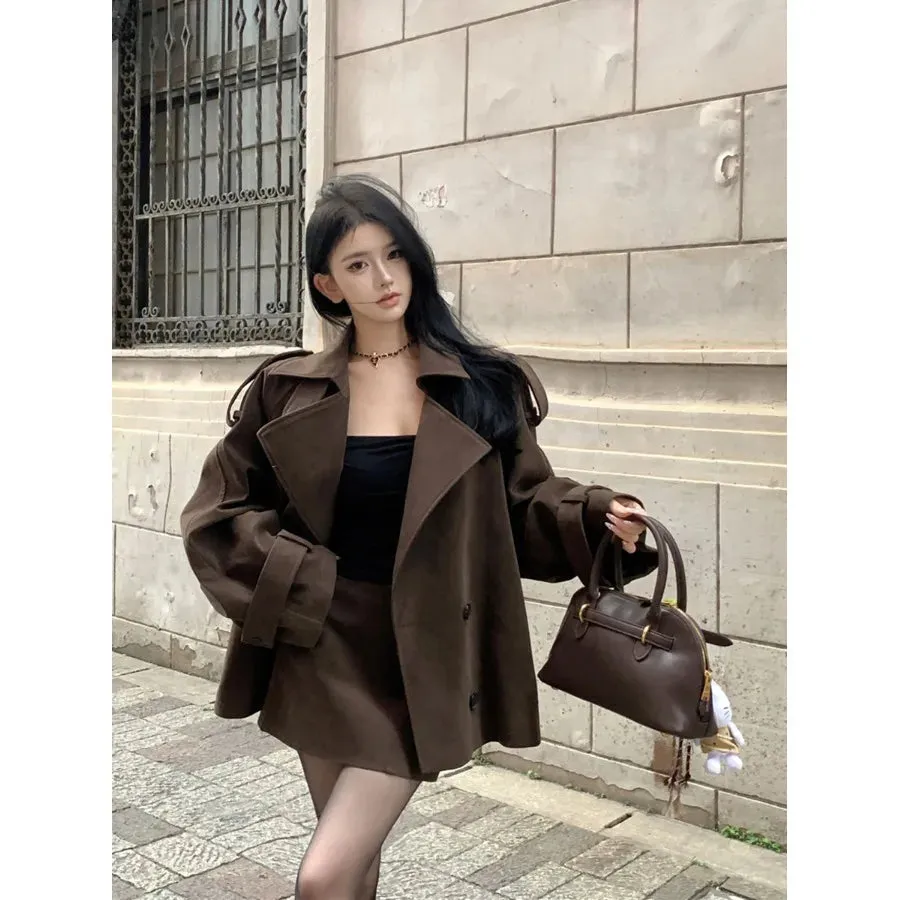 cold weather outfits Joskaa Vintage Brown Chamois Leather Windbreaker Jacket Women's Autumn/Winter 2024 New Elegant Idle Style Loose-Fit Top Korean Style