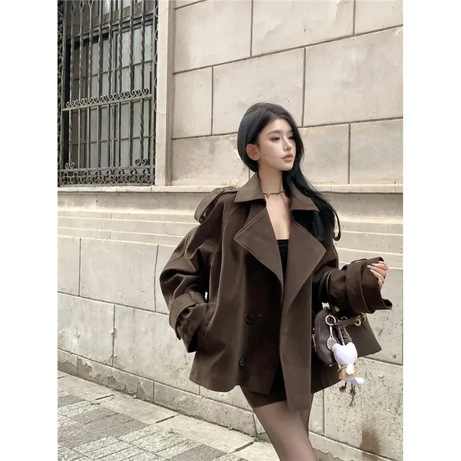 cold weather outfits Joskaa Vintage Brown Chamois Leather Windbreaker Jacket Women's Autumn/Winter 2024 New Elegant Idle Style Loose-Fit Top Korean Style