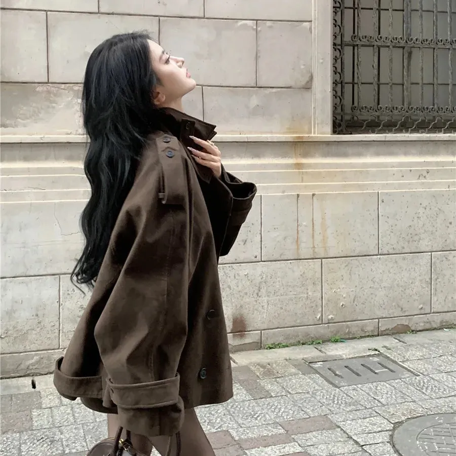 cold weather outfits Joskaa Vintage Brown Chamois Leather Windbreaker Jacket Women's Autumn/Winter 2024 New Elegant Idle Style Loose-Fit Top Korean Style