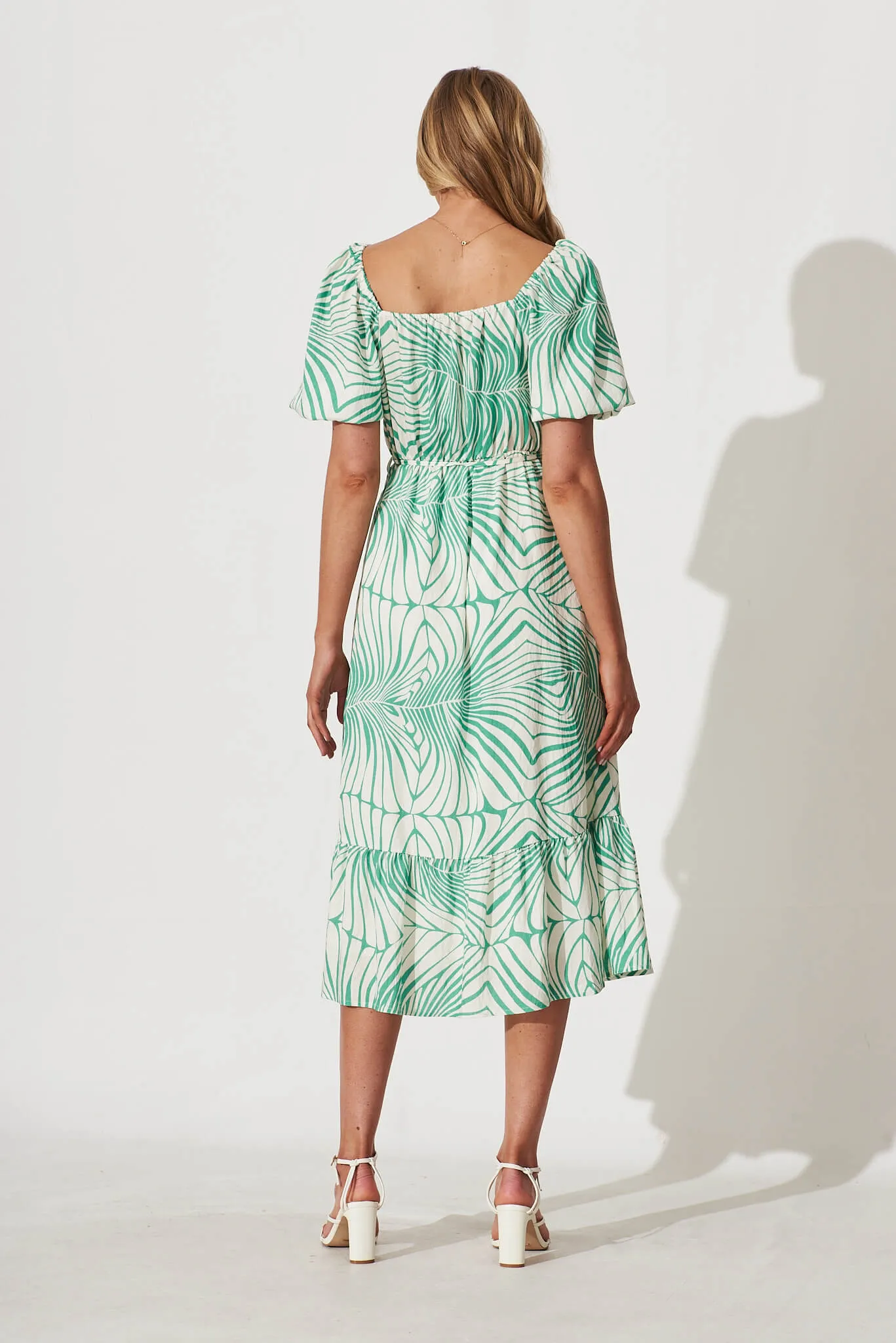 Daylin Midi Dress In Cream With Green Palm Print Cotton Blend