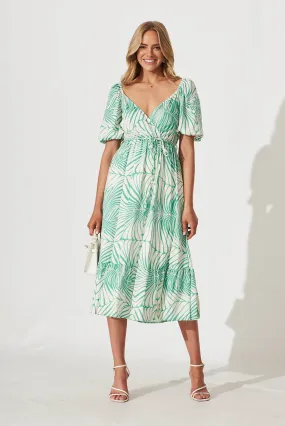 Daylin Midi Dress In Cream With Green Palm Print Cotton Blend