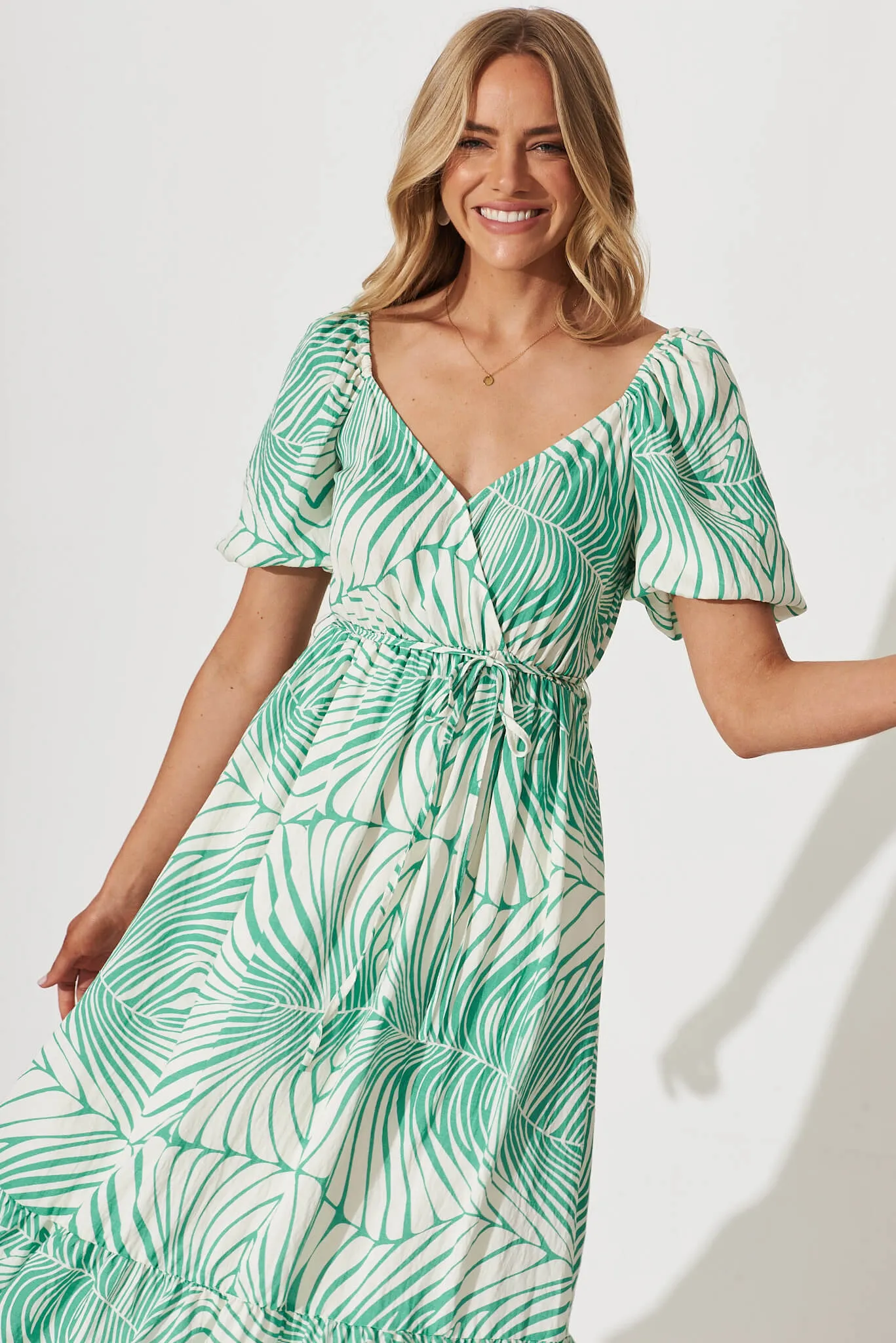 Daylin Midi Dress In Cream With Green Palm Print Cotton Blend