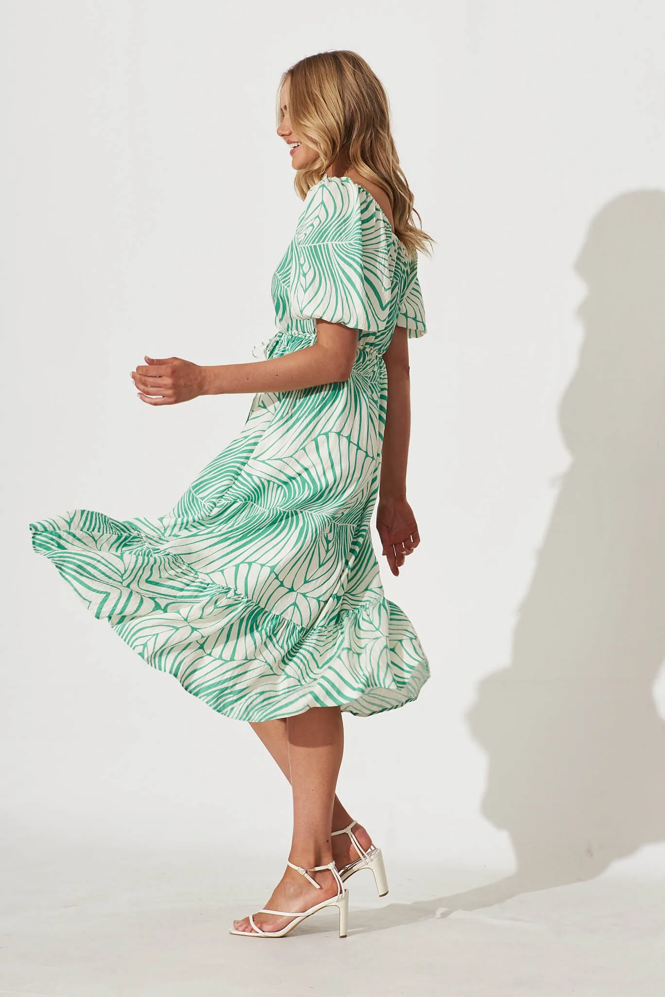 Daylin Midi Dress In Cream With Green Palm Print Cotton Blend