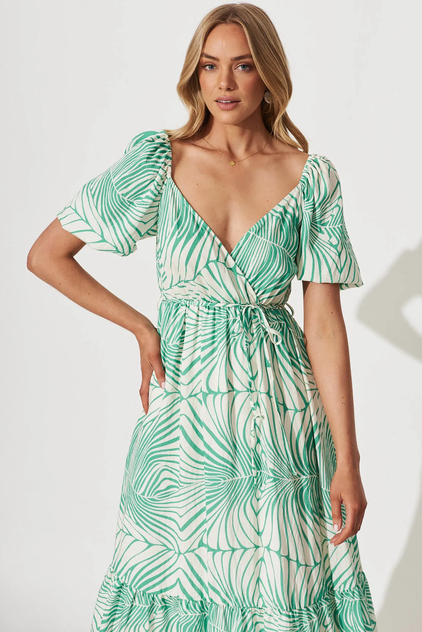 Daylin Midi Dress In Cream With Green Palm Print Cotton Blend