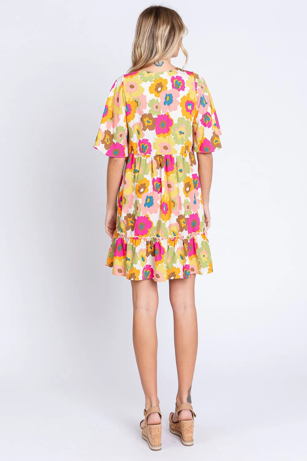 Floral V-Neck Ruffle Trim Mini Dress
